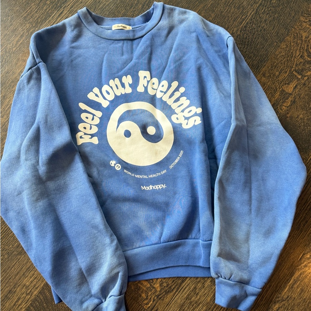 Madhappy Blue Crewneck Sweatshirt with White "Feel Your Feelings" Graphic